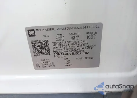 2021 Chevrolet Equinox Awd Lt from USA, damaged, VIN 3GNAXUEV3MS179202